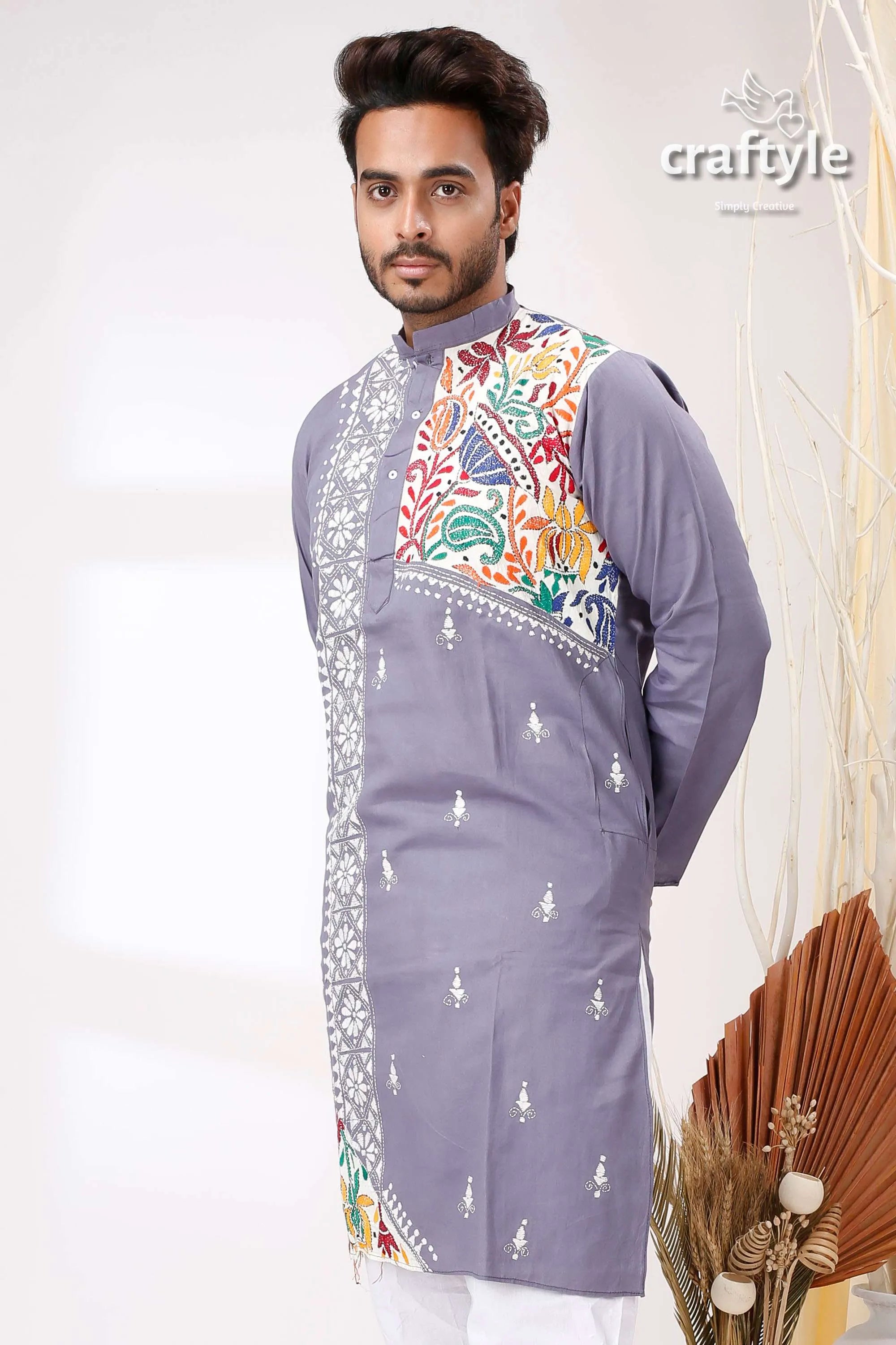 Storm grey white lotus design kantha cotton kurta panjabi for men man intricate colorful 2