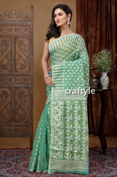 Stunning aquamarine green jamdani saree with white weave green white patterned saree 3