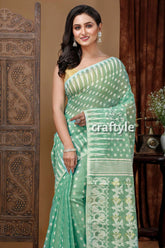 Stunning aquamarine green jamdani saree with white weave mint green polka dot saree 2