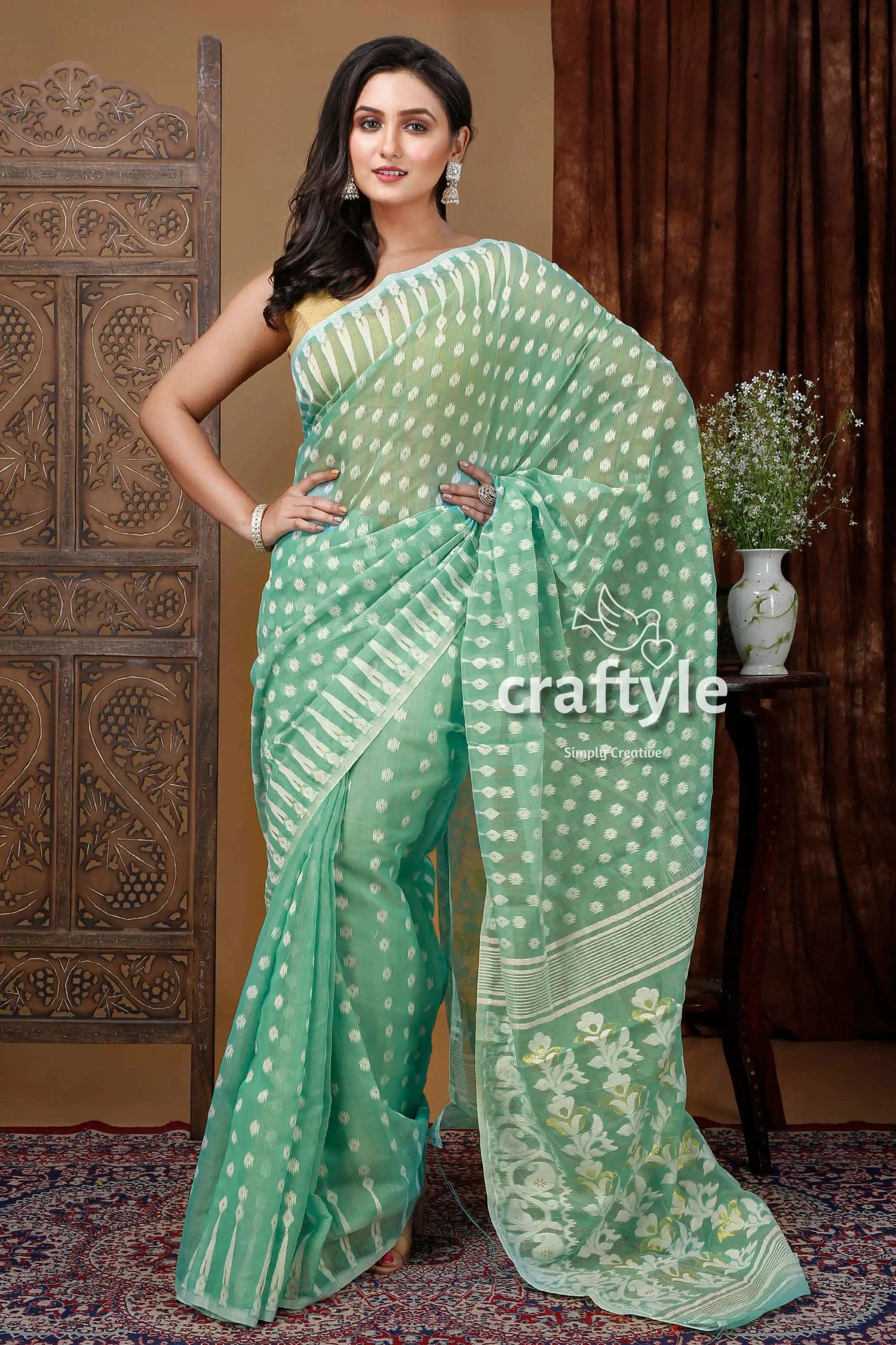 Stunning aquamarine green jamdani saree with white weave mint green saree white polka 5