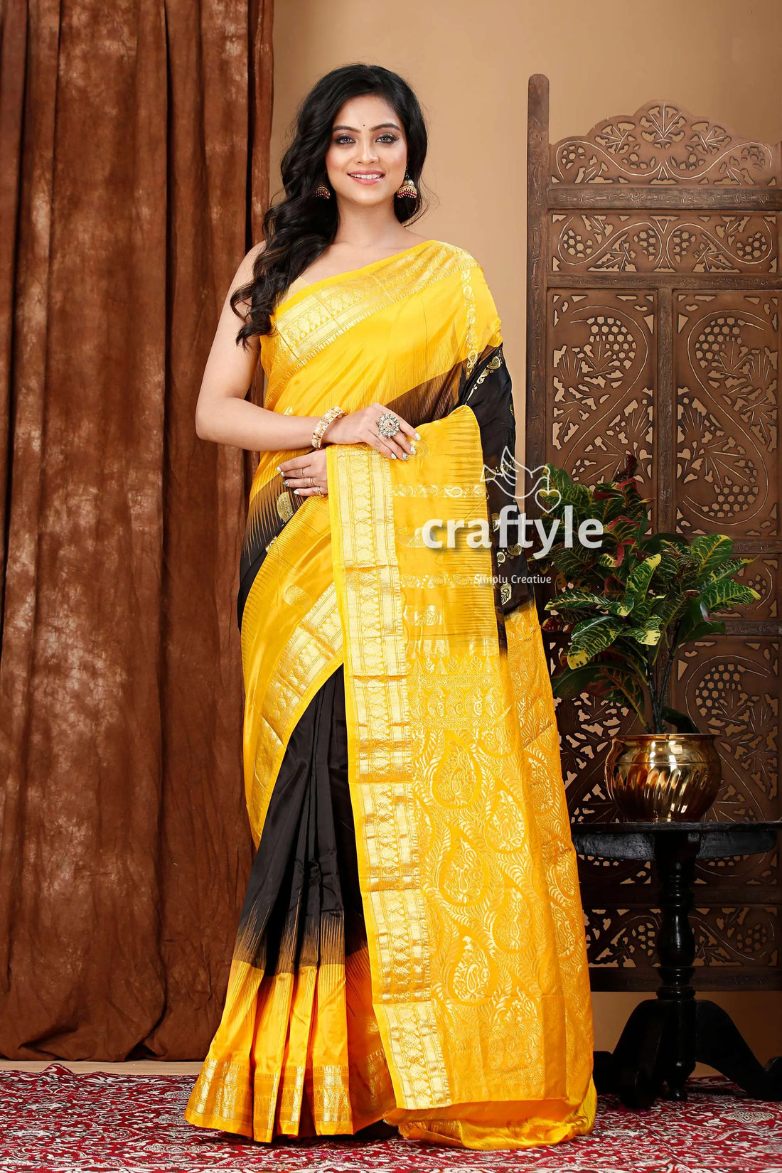 Stunning coal black and yellow kanjivaram silk saree - perfect for any occasion woman 1