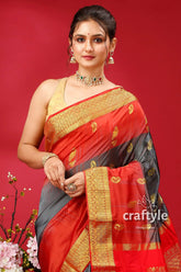 Stunning deep slate gray and red kanjivaram silk saree - perfect for all occasions woman red gray saree 2