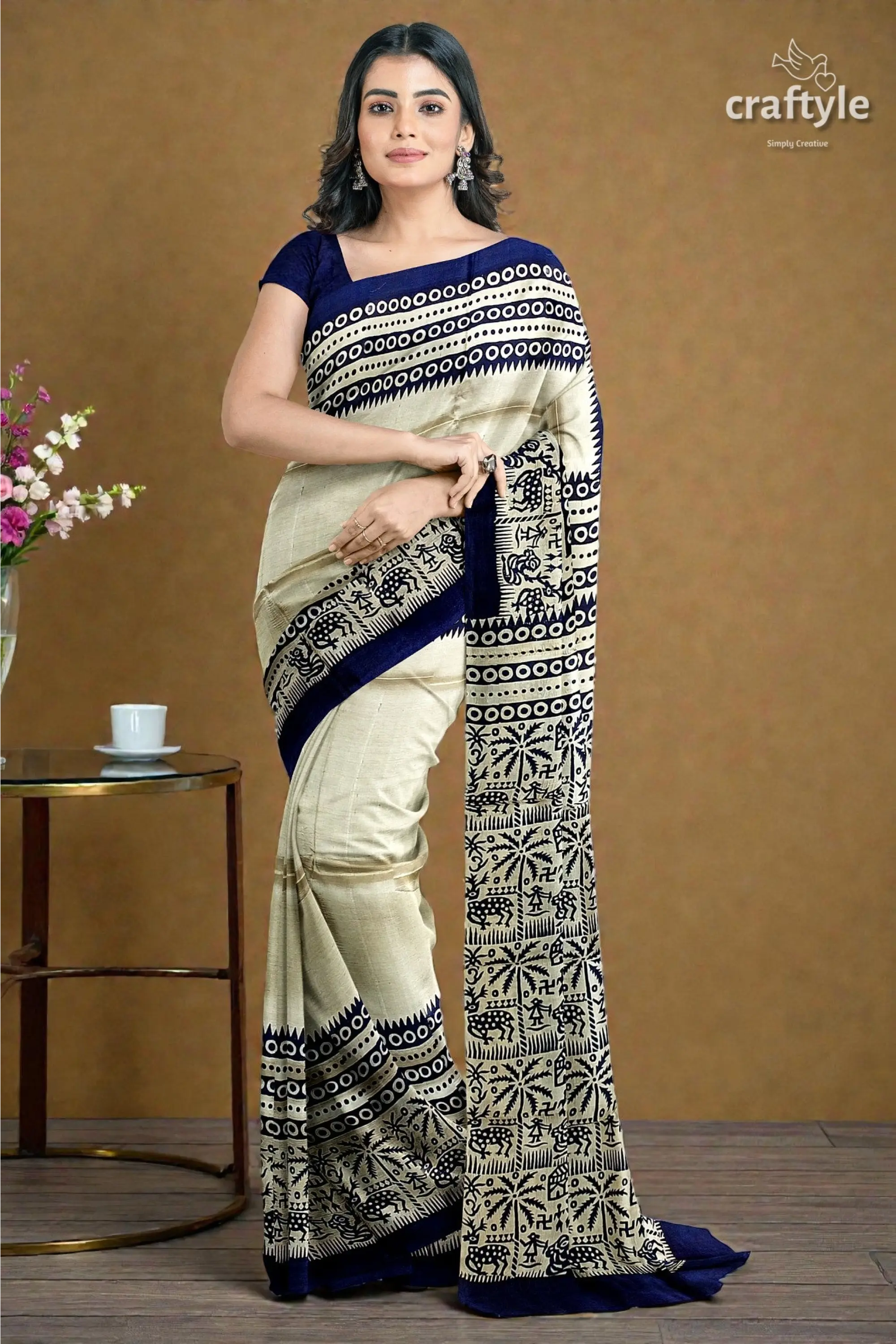 Stunning hand block print pure mulberry silk saree - black white 5