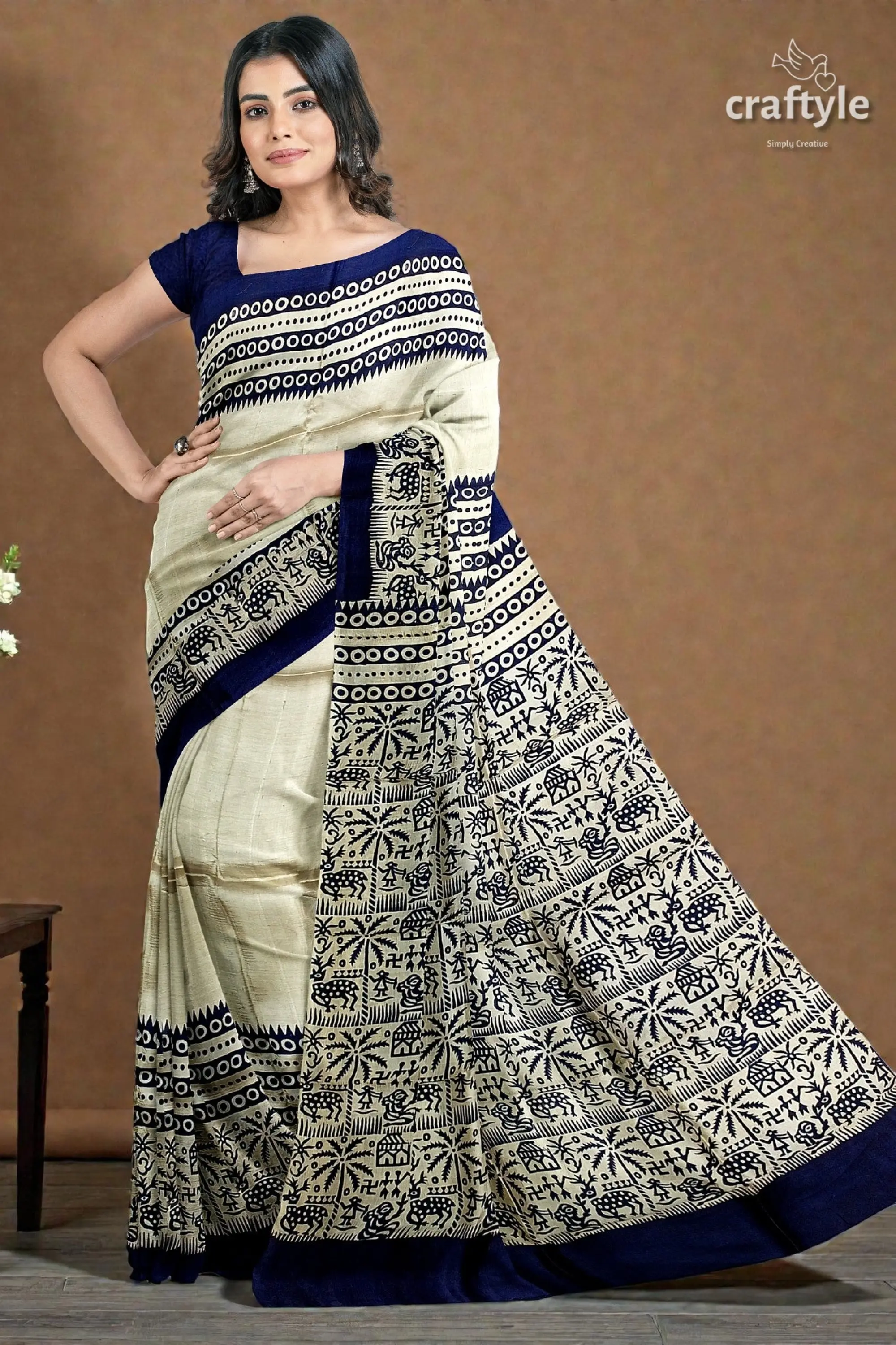 Stunning hand block print pure mulberry silk saree - black white 6