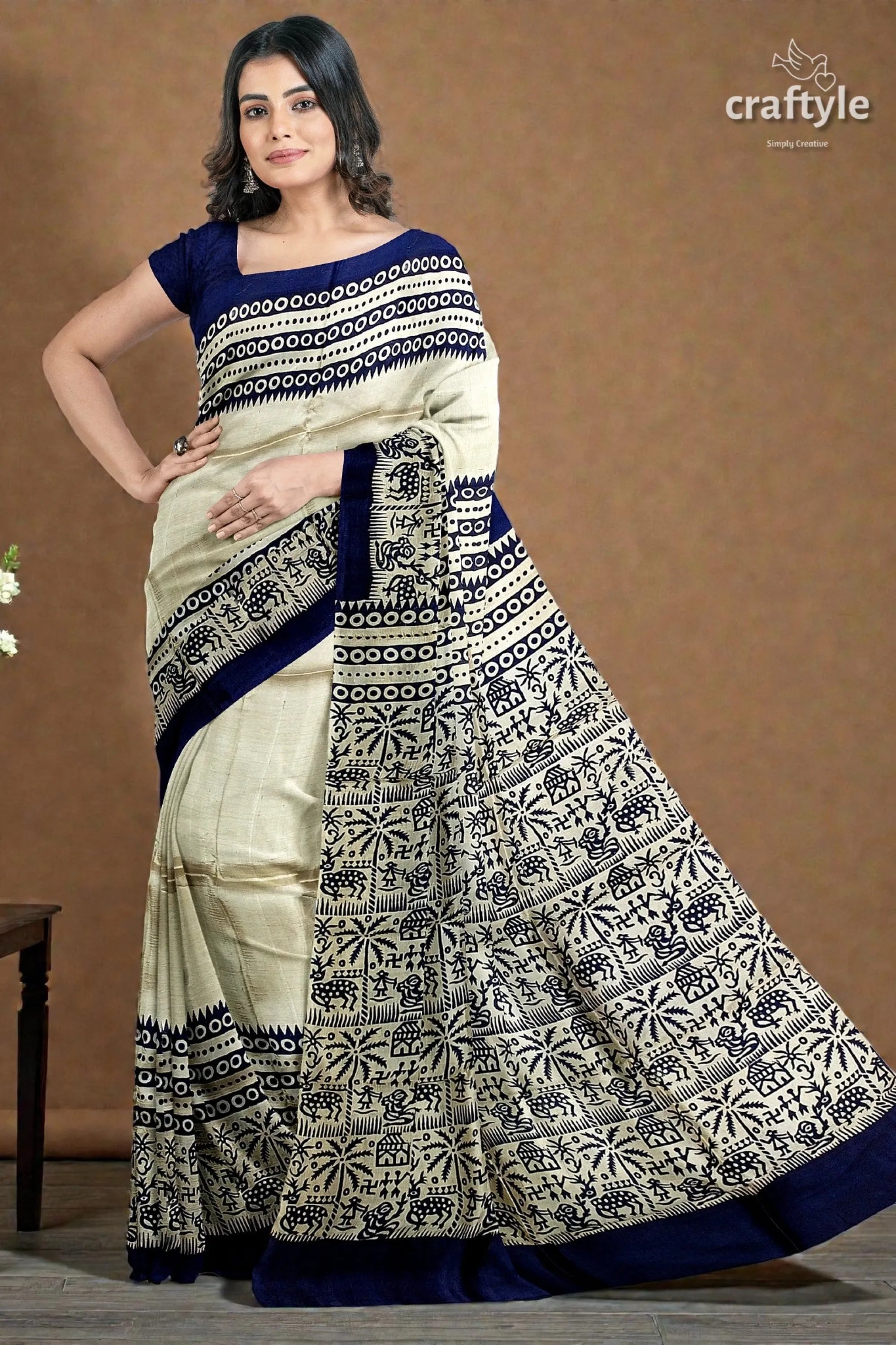 Stunning hand block print pure mulberry silk saree - black white woman wears cream navy blue 6