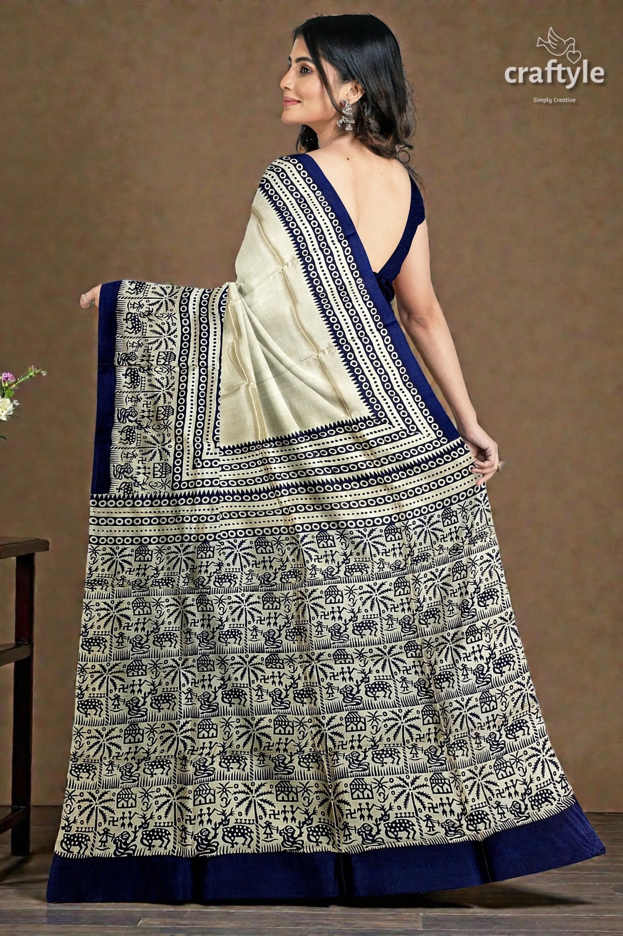 Stunning hand block print pure mulberry silk saree - black white cream-colored silk saree intricate black 4