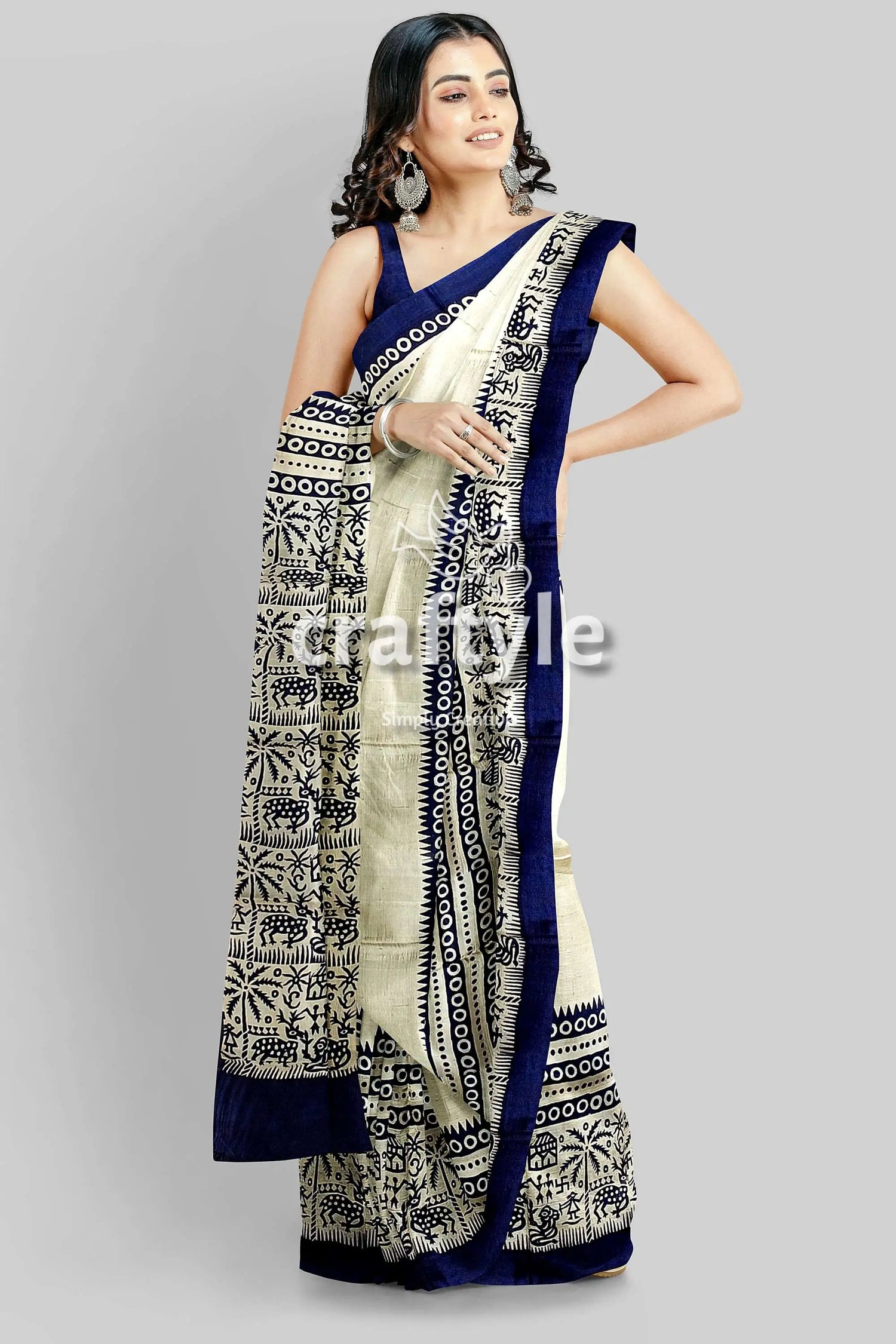 Stunning hand block print pure mulberry silk saree - black white woman printed saree 3