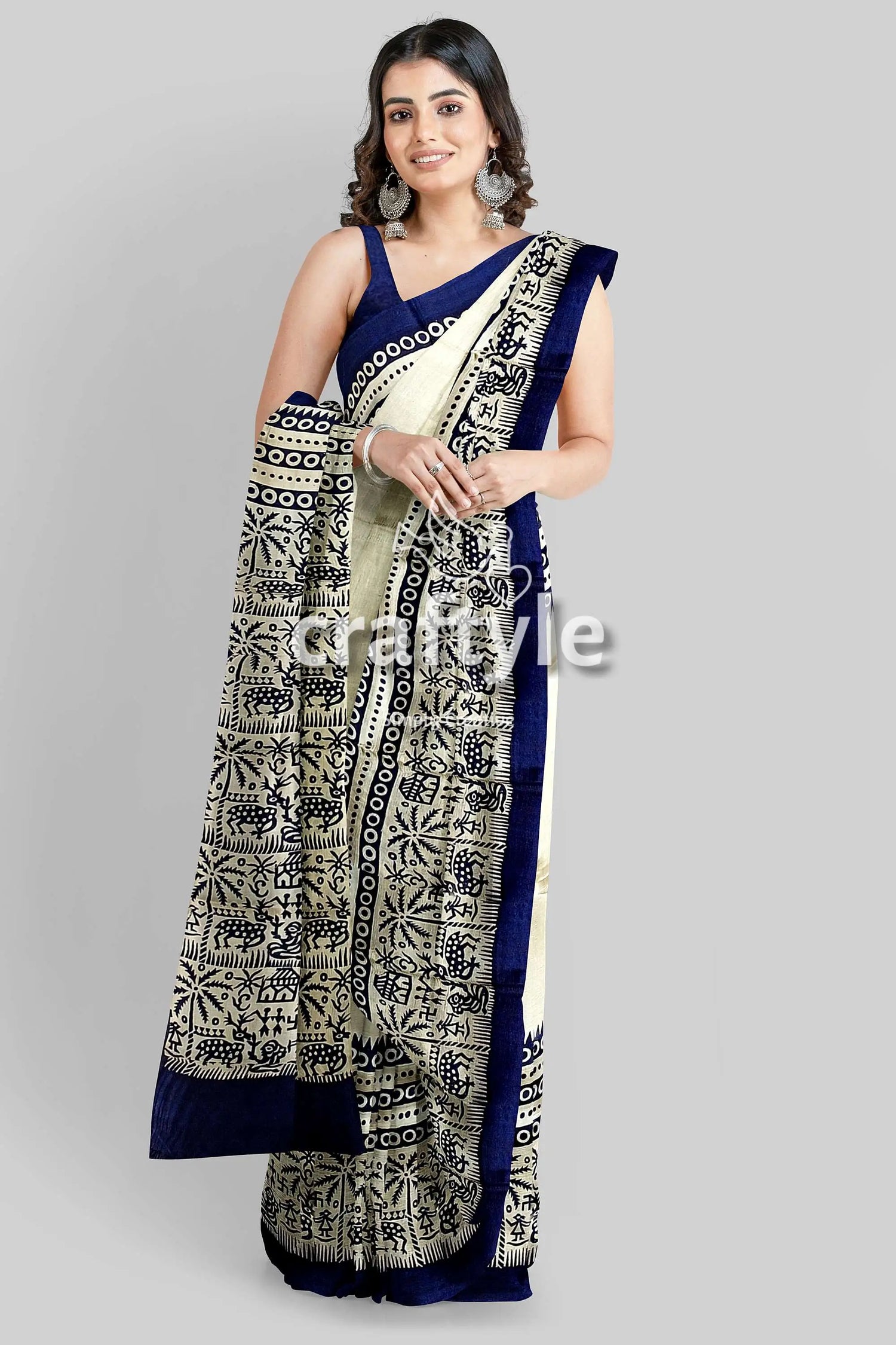 Stunning hand block print pure mulberry silk saree - black white woman patterned saree 1