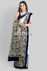 Stunning hand block print pure mulberry silk saree - black white woman patterned saree 1