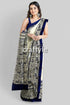 Stunning hand block print pure mulberry silk saree - black white woman patterned saree 1