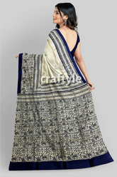 Stunning hand block print pure mulberry silk saree - black white woman patterned saree 6