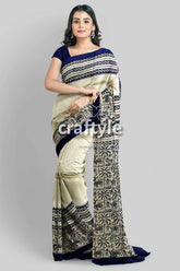 Stunning hand block print pure mulberry silk saree - black white woman patterned saree 4