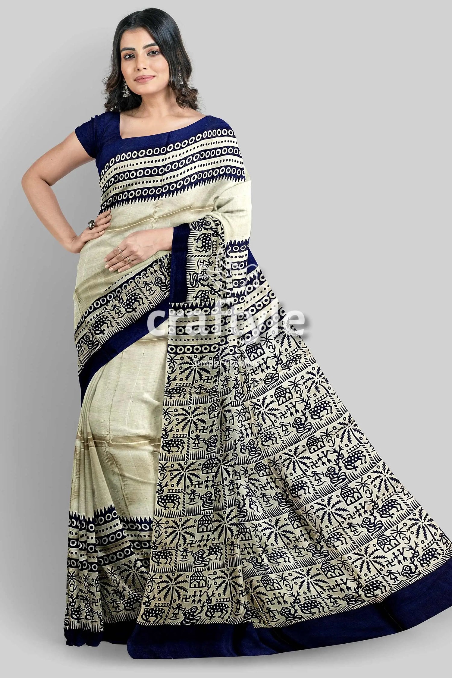 Stunning hand block print pure mulberry silk saree - black white woman patterned saree 5