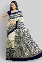 Stunning hand block print pure mulberry silk saree - black white woman patterned saree 5