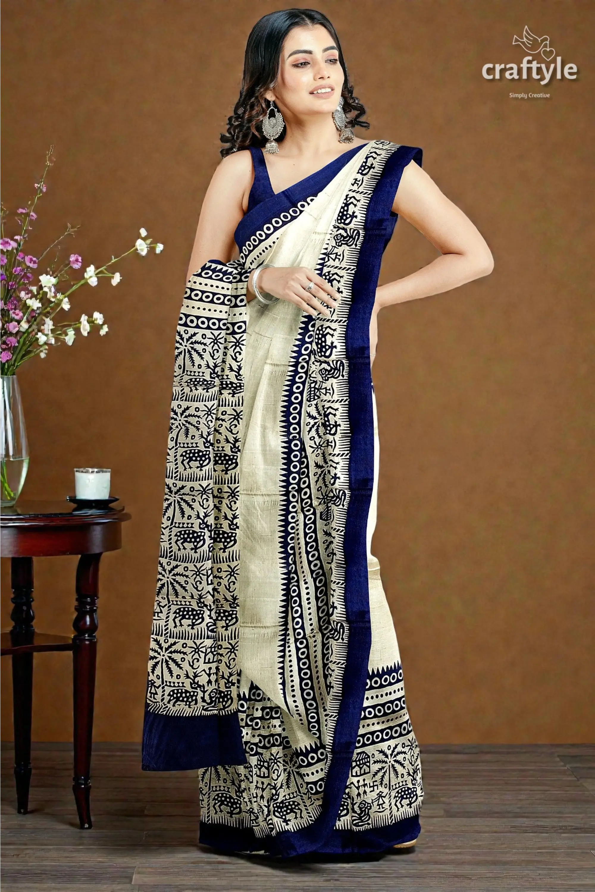 Stunning hand block print pure mulberry silk saree - black white 1