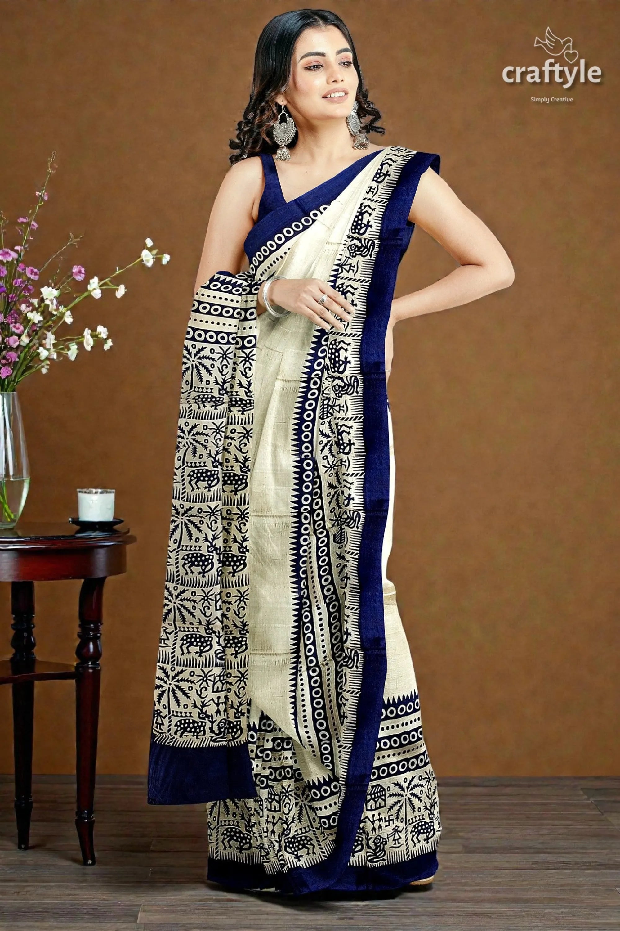 Stunning hand block print pure mulberry silk saree - black white navy blue cream-colored saree intricate 1