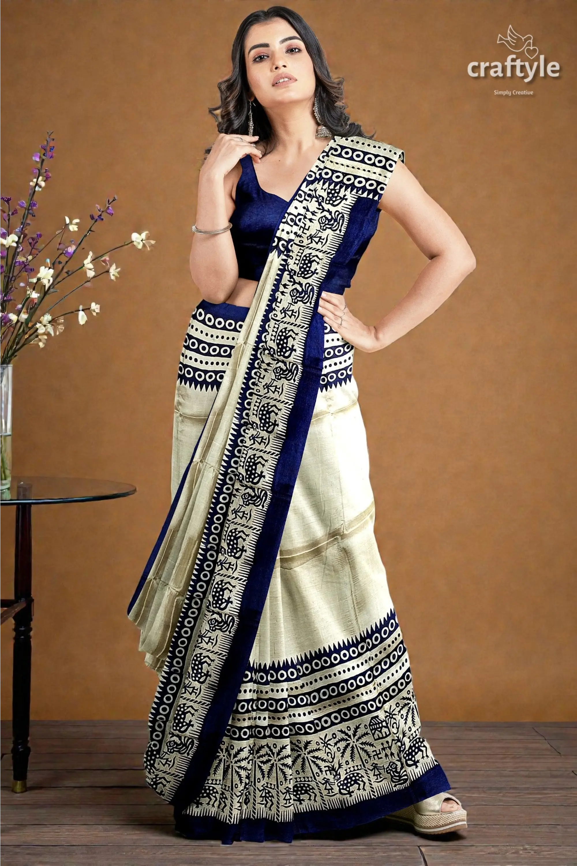 Stunning hand block print pure mulberry silk saree - black white 3