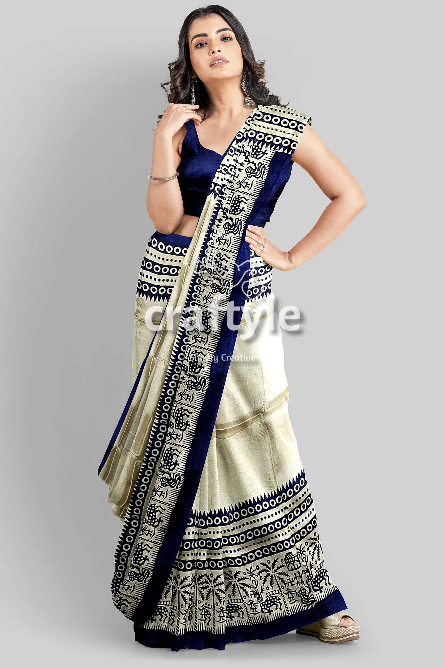 Stunning hand block print pure mulberry silk saree - black white woman blue white saree 2