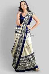 Stunning hand block print pure mulberry silk saree - black white woman blue white saree 2