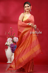 Stunning light coral bhagalpuri ghicha silk saree with golden zari detailing woman orange saree 5