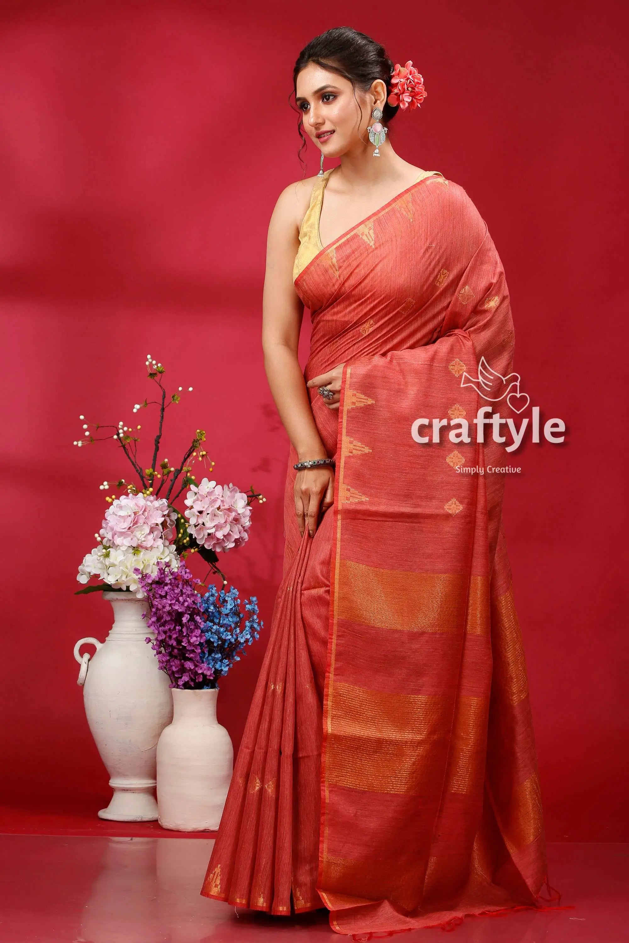 Stunning light coral bhagalpuri ghicha silk saree with golden zari detailing woman red saree 4