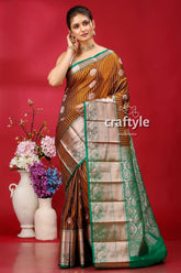 Stunning walnut brown kosha silk saree - luxurious indian wedding attire elegant brown silver saree green 1