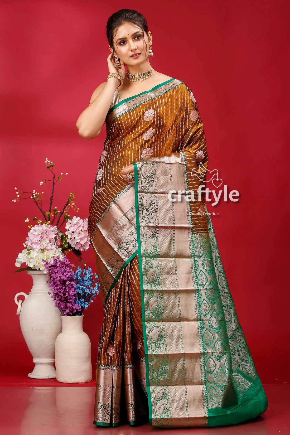 Stunning walnut brown kosha silk saree - luxurious indian wedding attire elegant silver green 1
