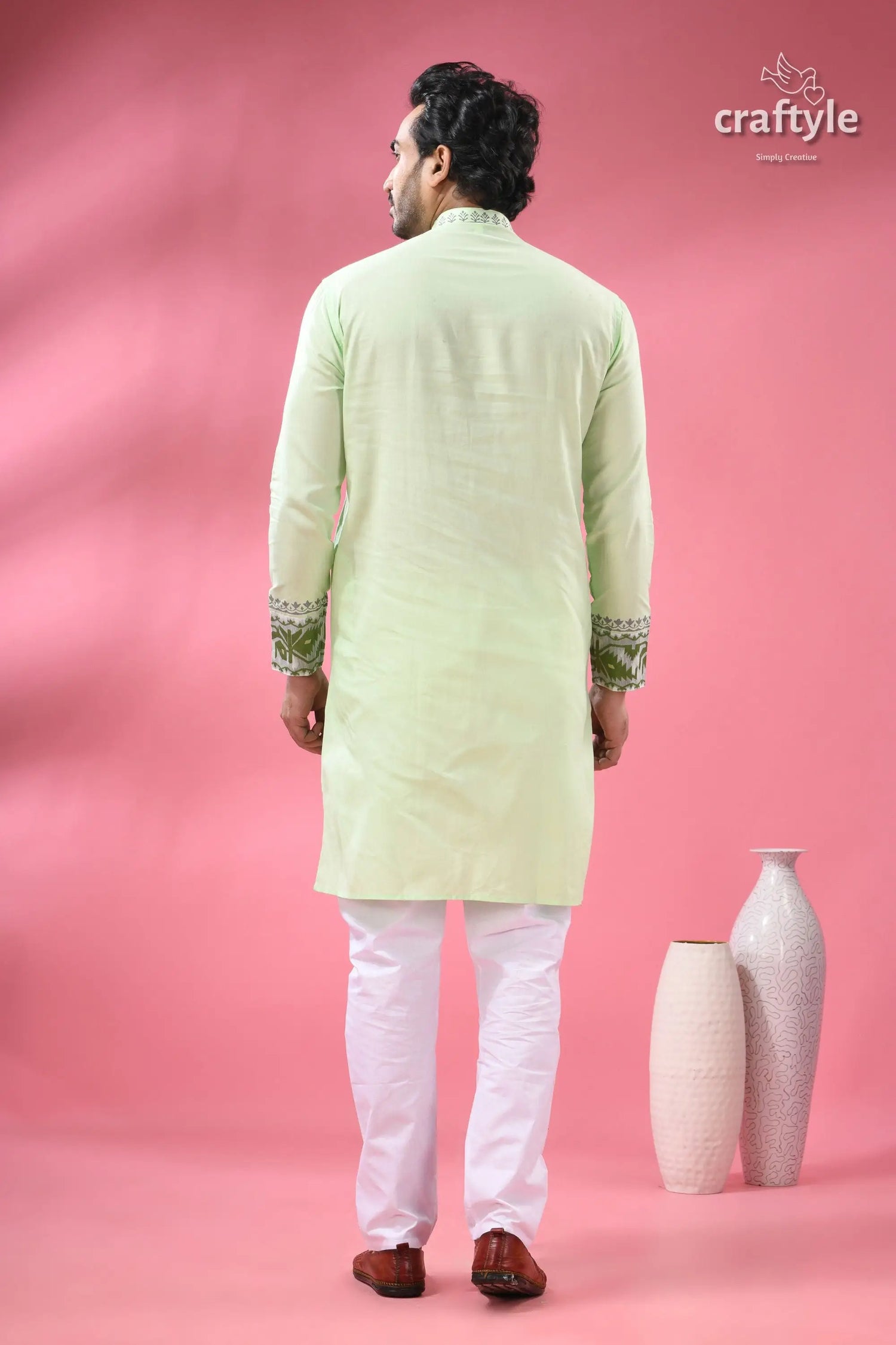 Stylish cotton punjabi for men with dhakai jamdani special occasions men’s light green long sleeved kurta 6