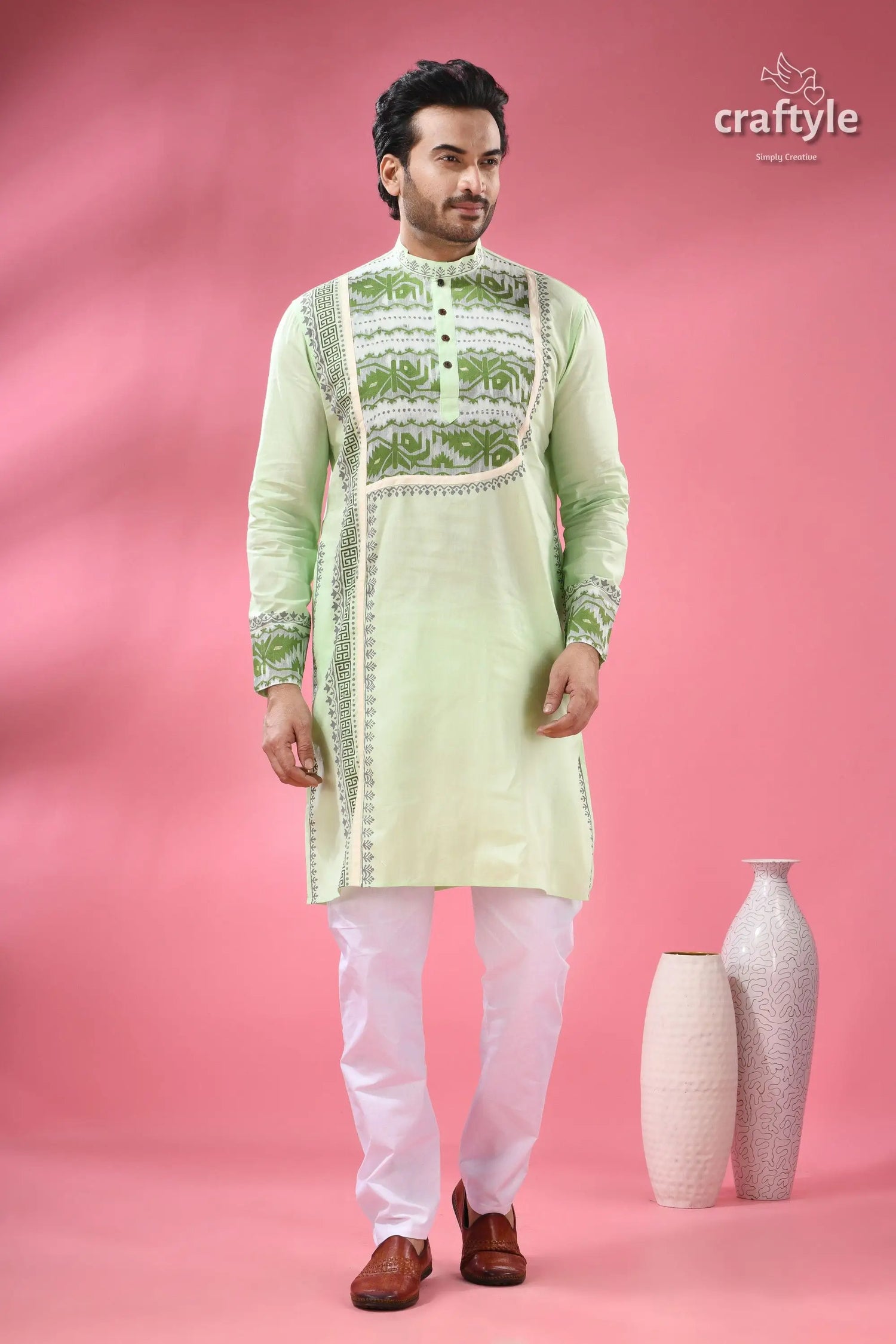 Stylish cotton punjabi for men with dhakai jamdani special occasions light green men’s kurta intricate 1