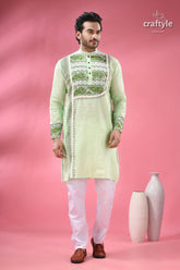 Stylish cotton punjabi for men with dhakai jamdani special occasions light green men’s kurta intricate 1