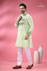Stylish cotton punjabi for men with dhakai jamdani special occasions light green embroidered men’s kurta 4