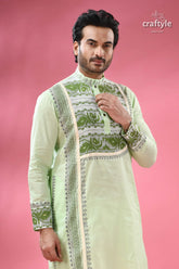 Stylish cotton punjabi for men with dhakai jamdani special occasions men’s light green kurta intricate 2