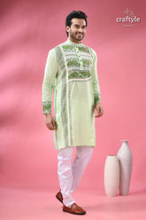 Stylish cotton punjabi for men with dhakai jamdani special occasions men’s light green embroidered kurta 3