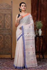 Stylish paris white handloom cotton saree with delicate stitching woman white checkered saree blue 1
