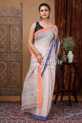 Stylish paris white handloom cotton saree with delicate stitching woman white blue saree 4