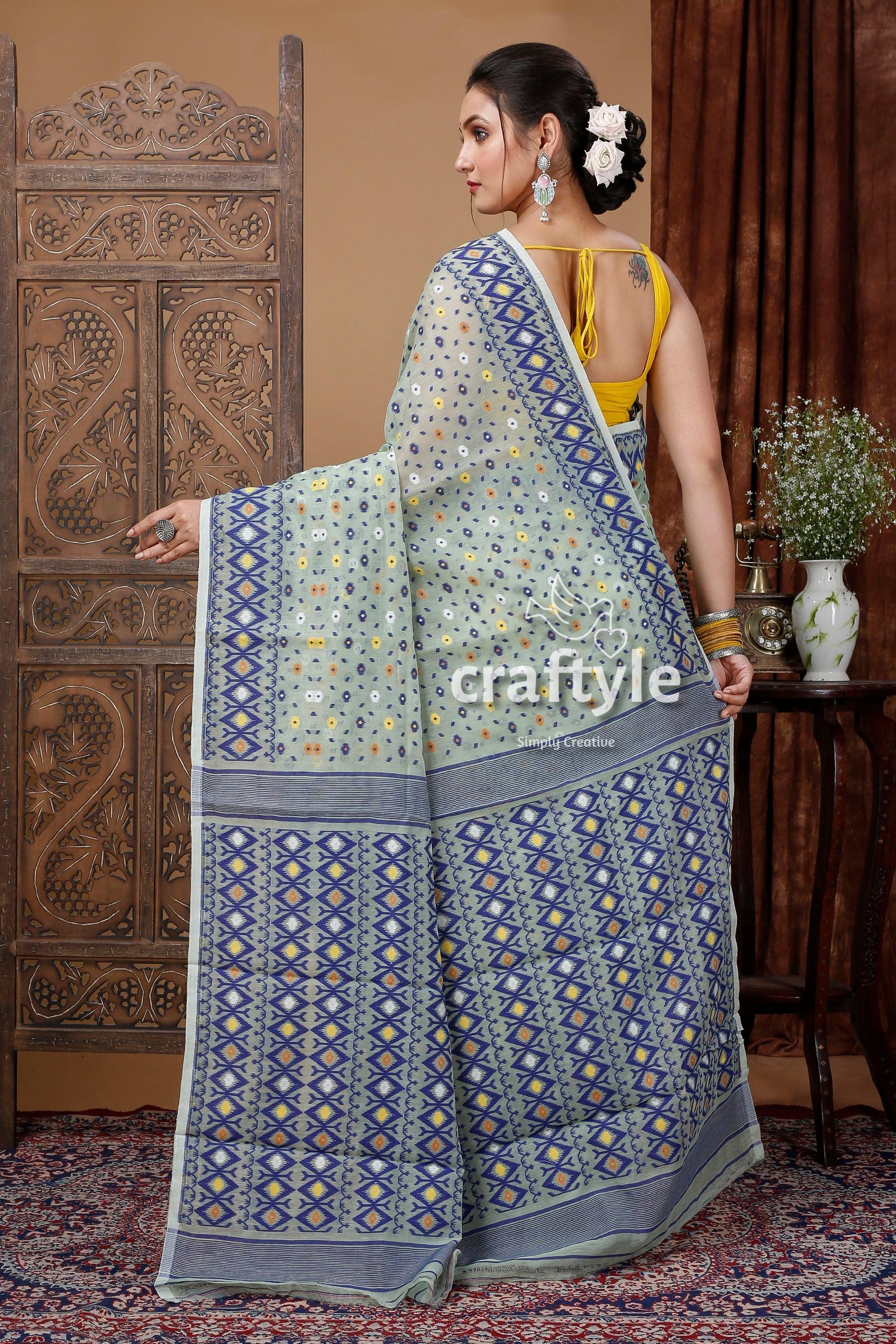 Summer Green Blue Dhakai Jamdani Saree - Traditional Pattern - Craftyle