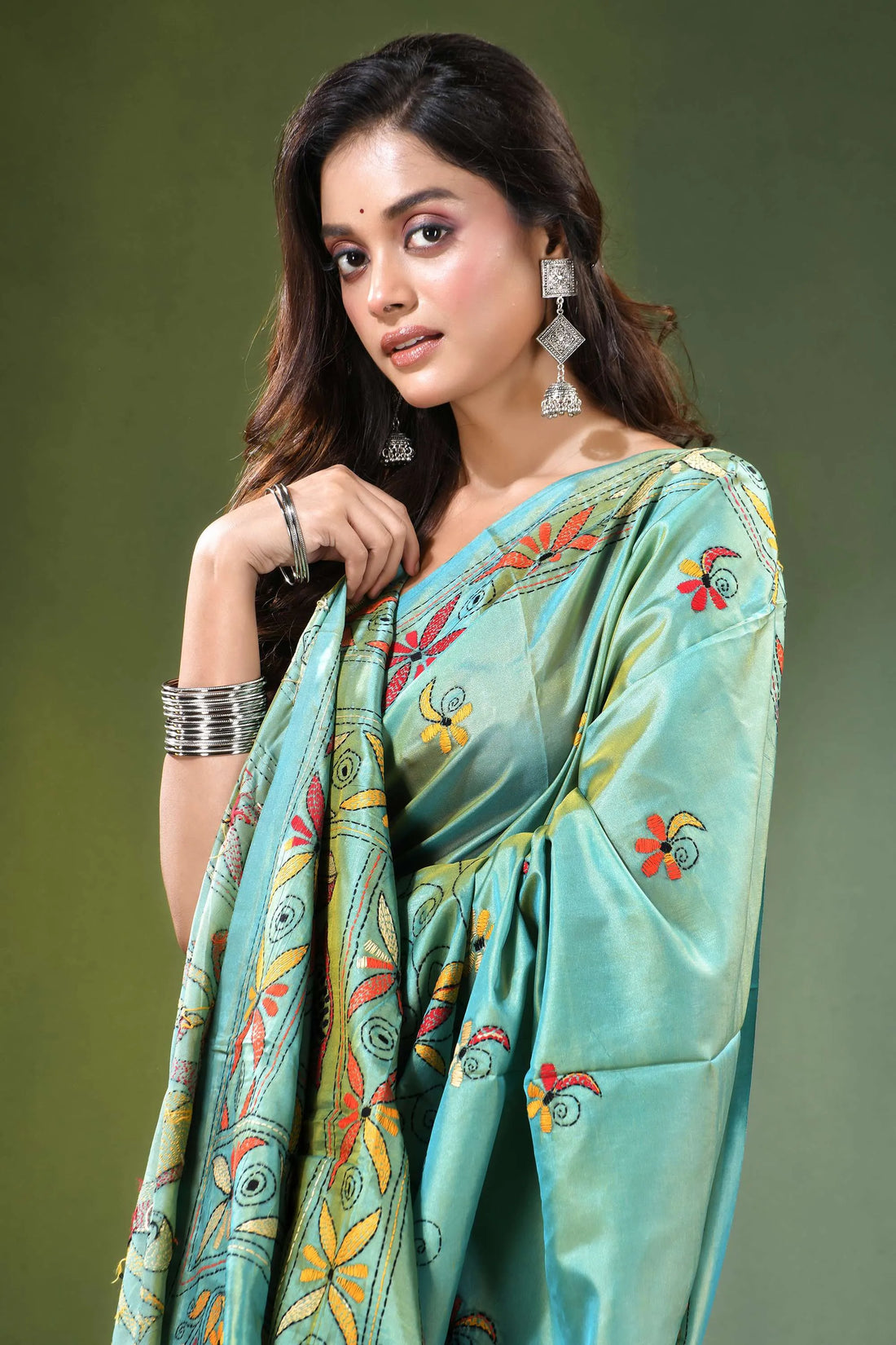 Summer green lotus bird motif silk kantha stitch saree woman wears light teal 2