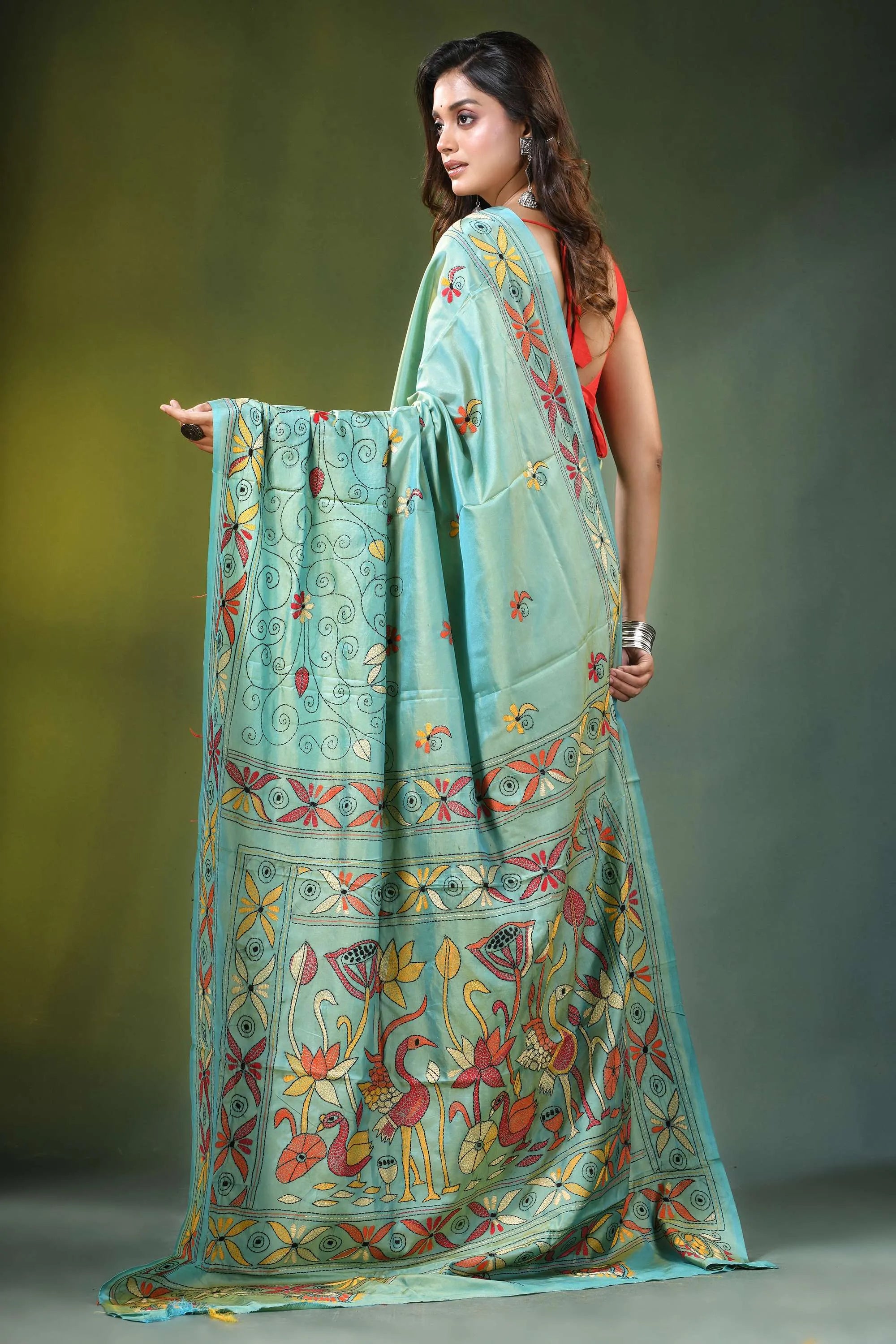 Summer green lotus bird motif silk kantha stitch saree light teal adorned 5