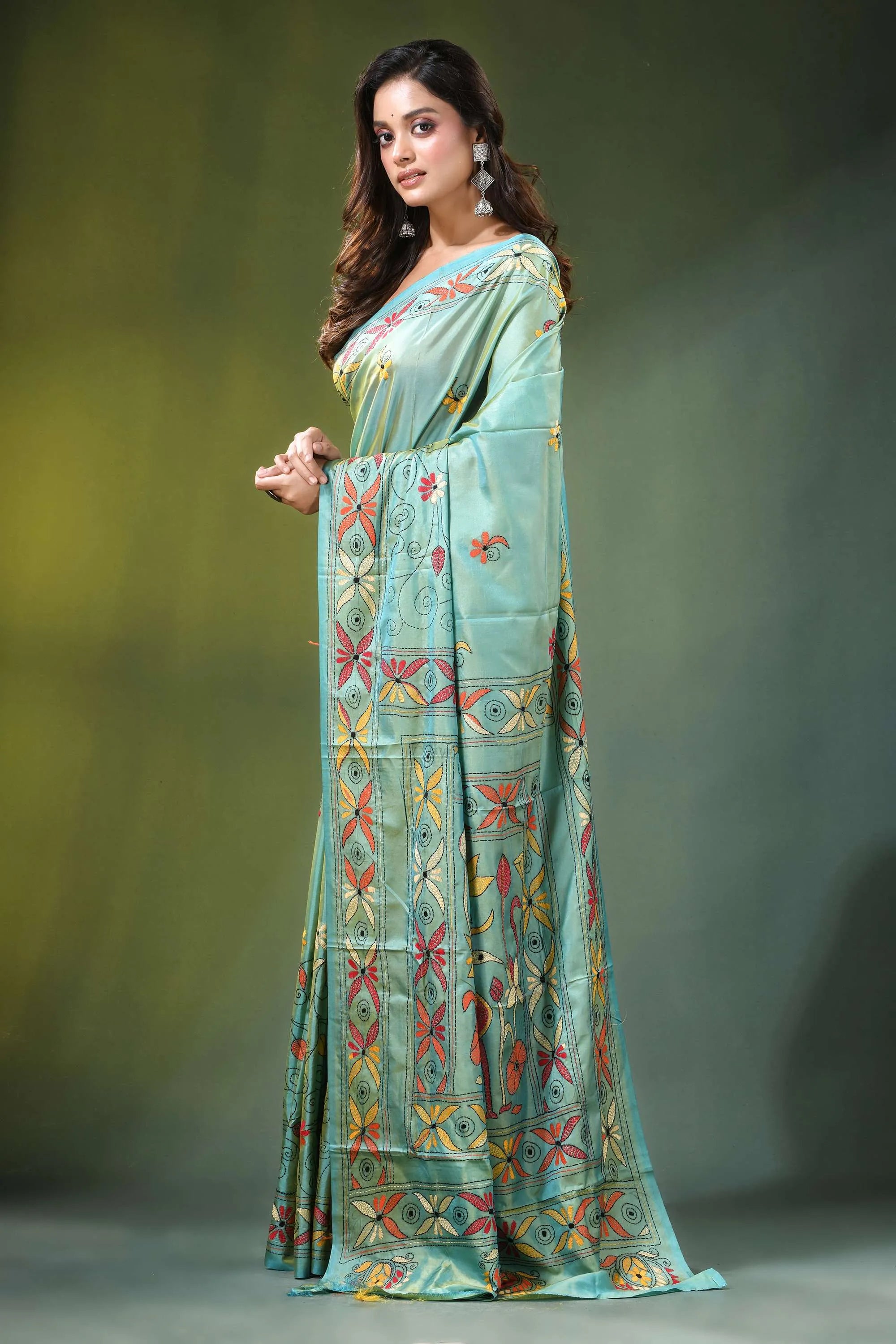Summer green lotus bird motif silk kantha stitch saree light blue adorned 3