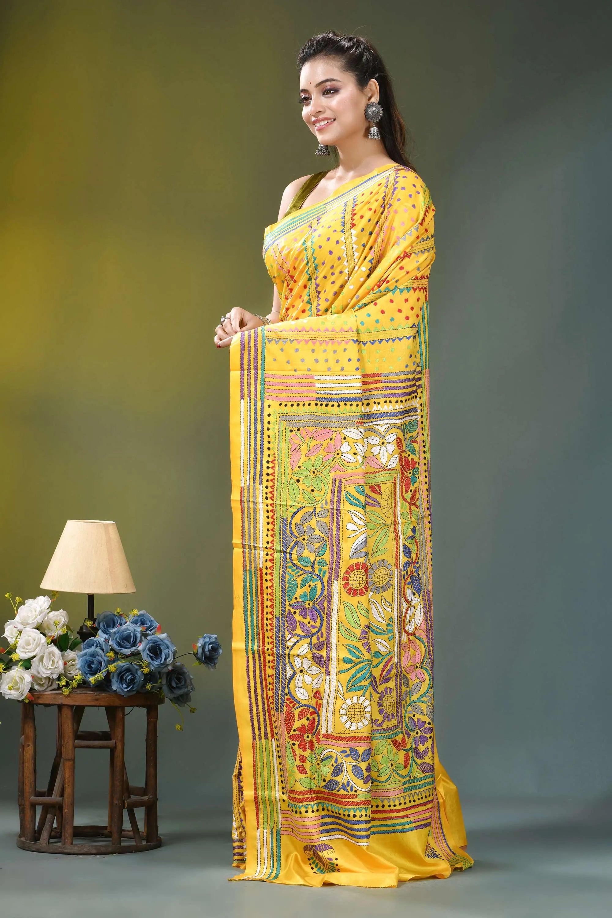 Sunflower yellow floral design silk kantha saree vibrant yellow saree intricate floral 3