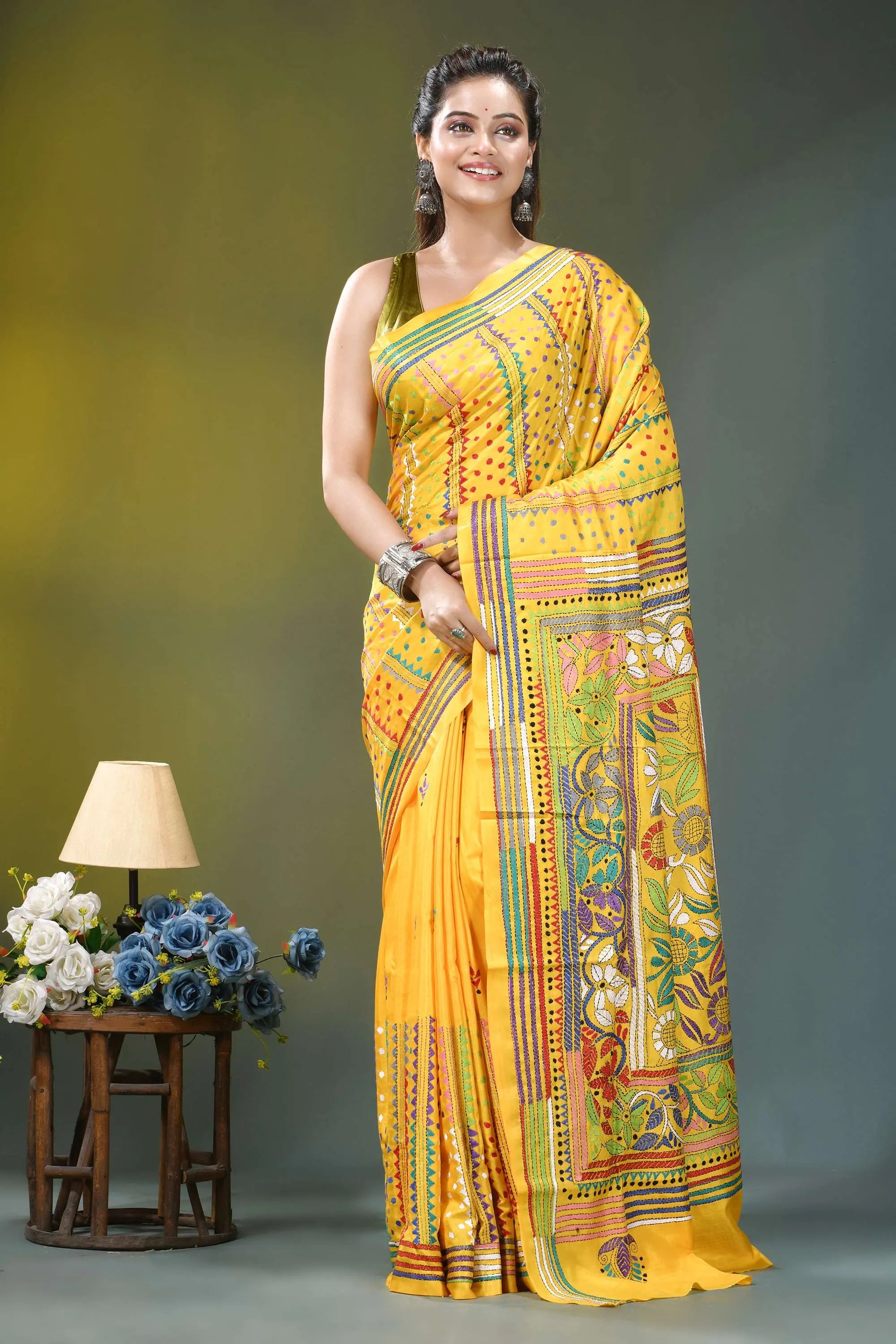 Sunflower yellow floral design silk kantha saree vibrant yellow saree intricate floral 6