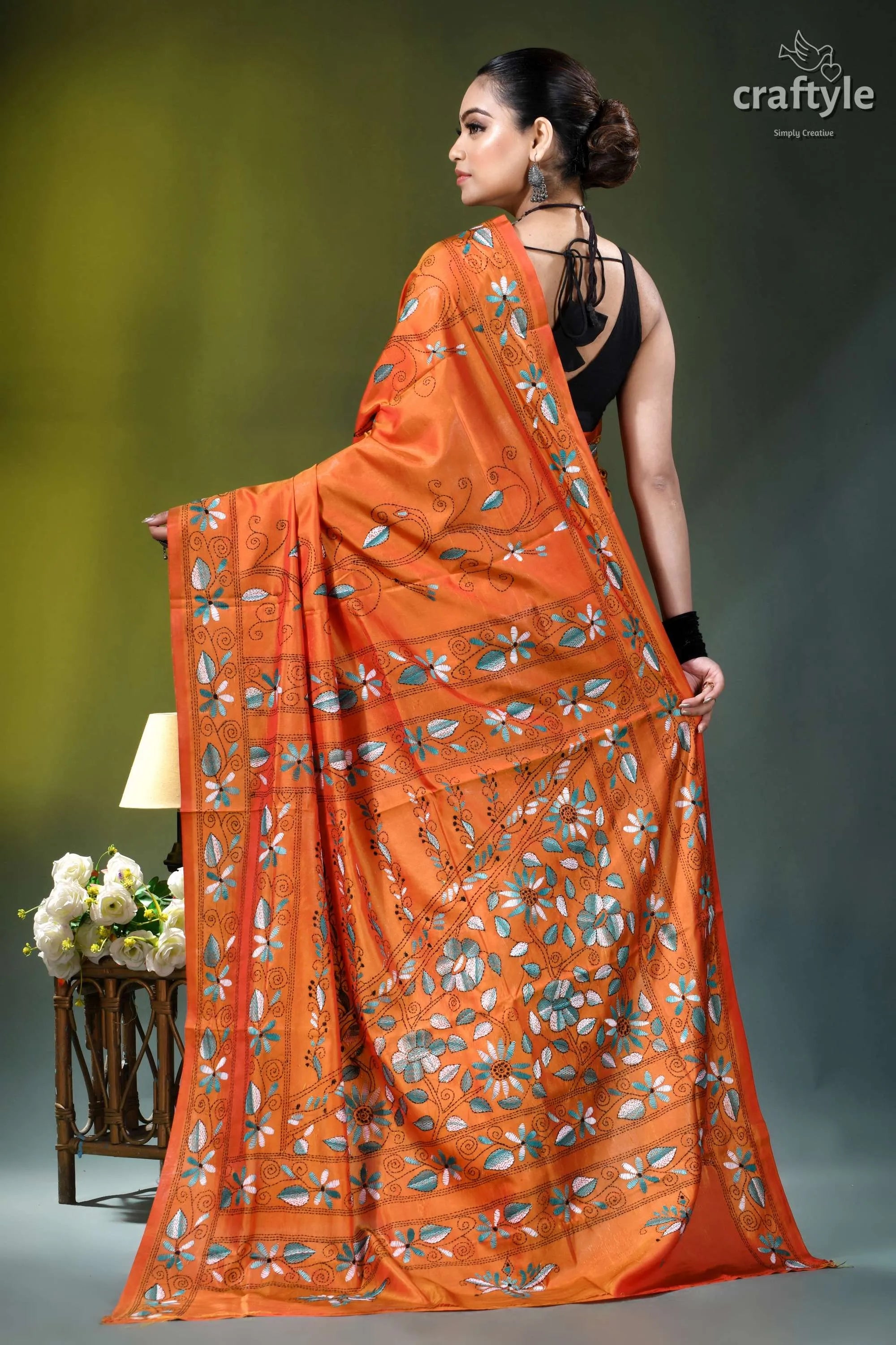 Sunrise orange botanical motif multithread silk kantha saree vibrant orange saree intricate floral 5