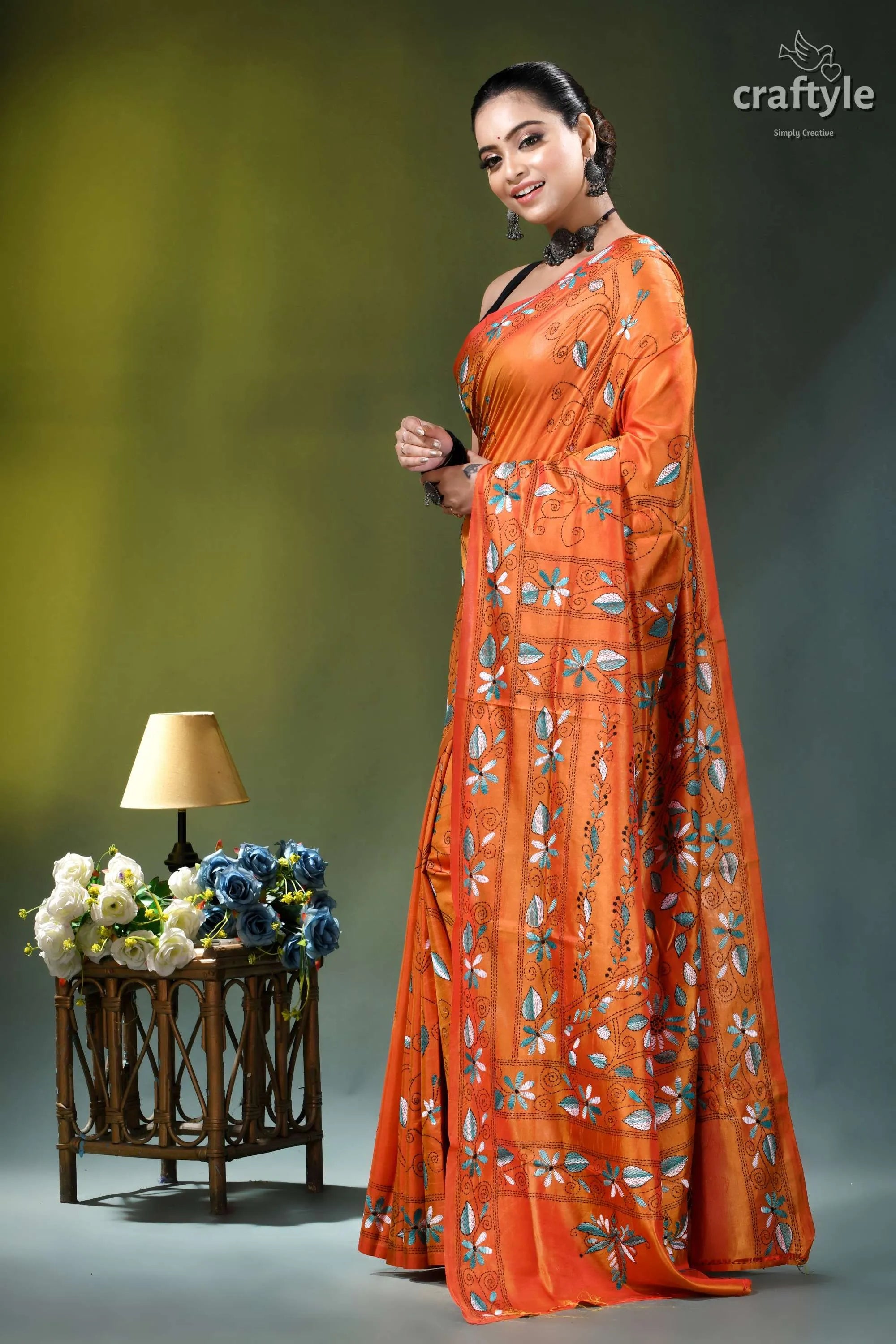 Sunrise orange botanical motif multithread silk kantha saree orange saree silver blue floral 3
