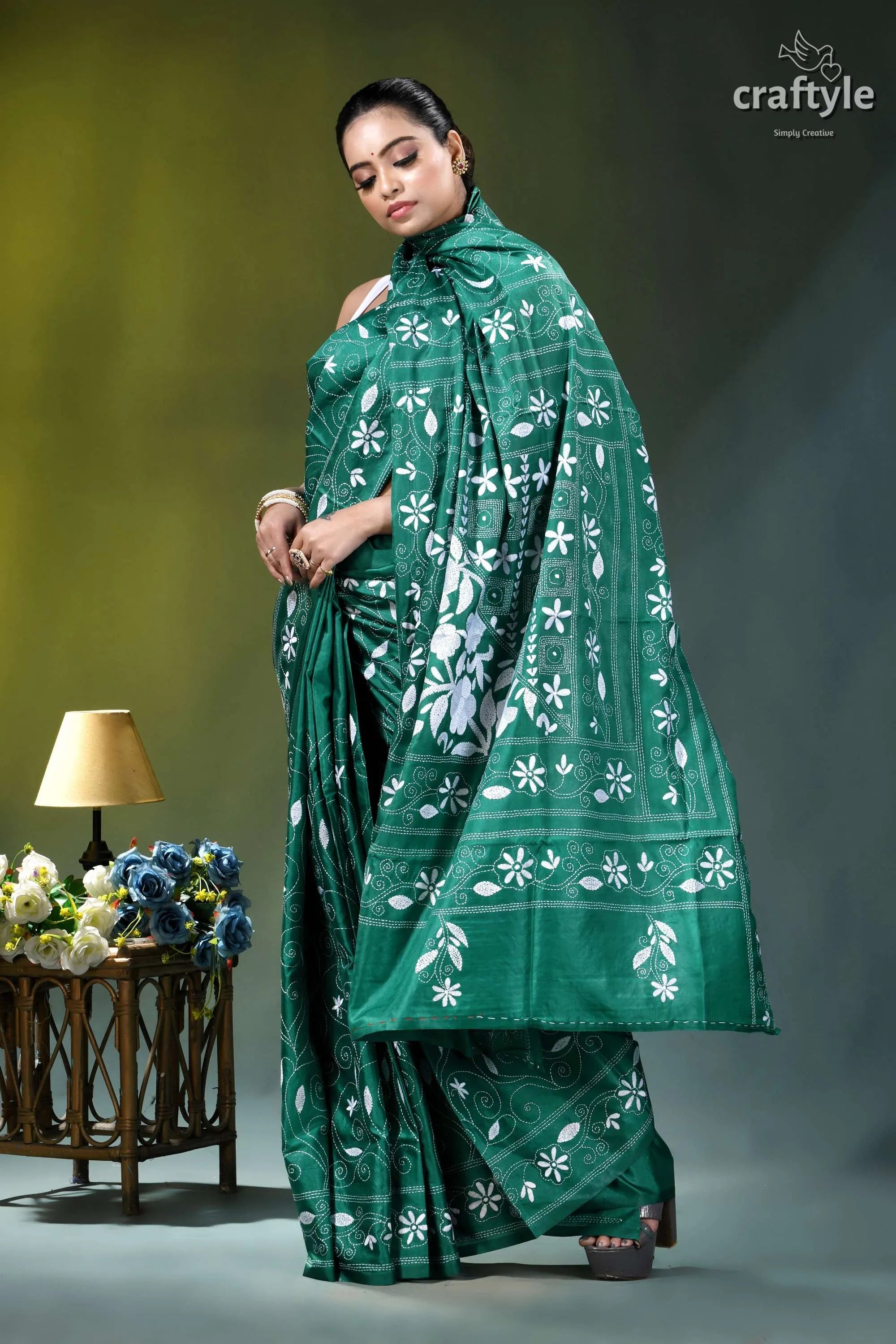 Surfie green white thread floral exquisite silk kantha saree emerald green saree intricate white 6