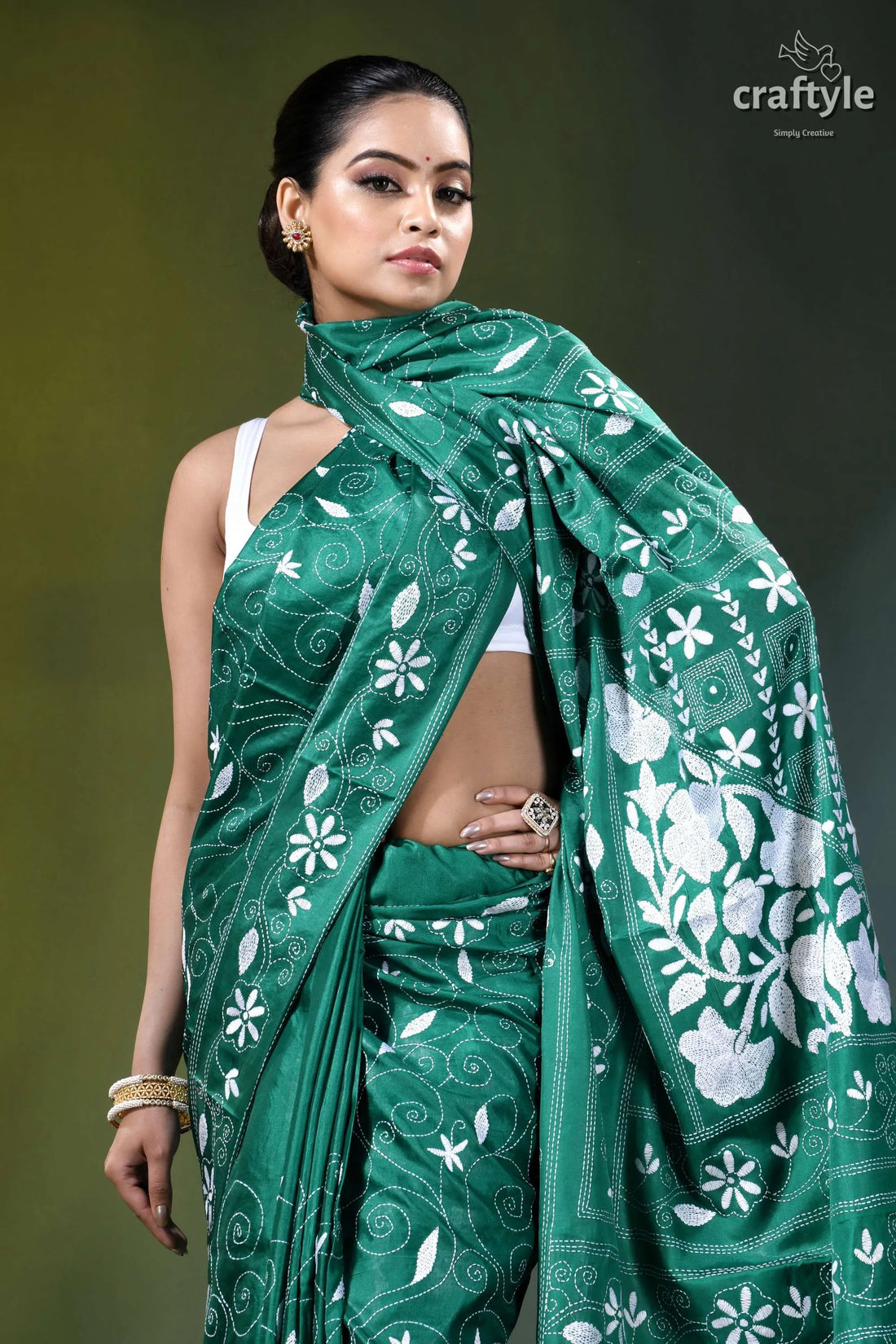 Surfie green white thread floral exquisite silk kantha saree vibrant green saree intricate white 2