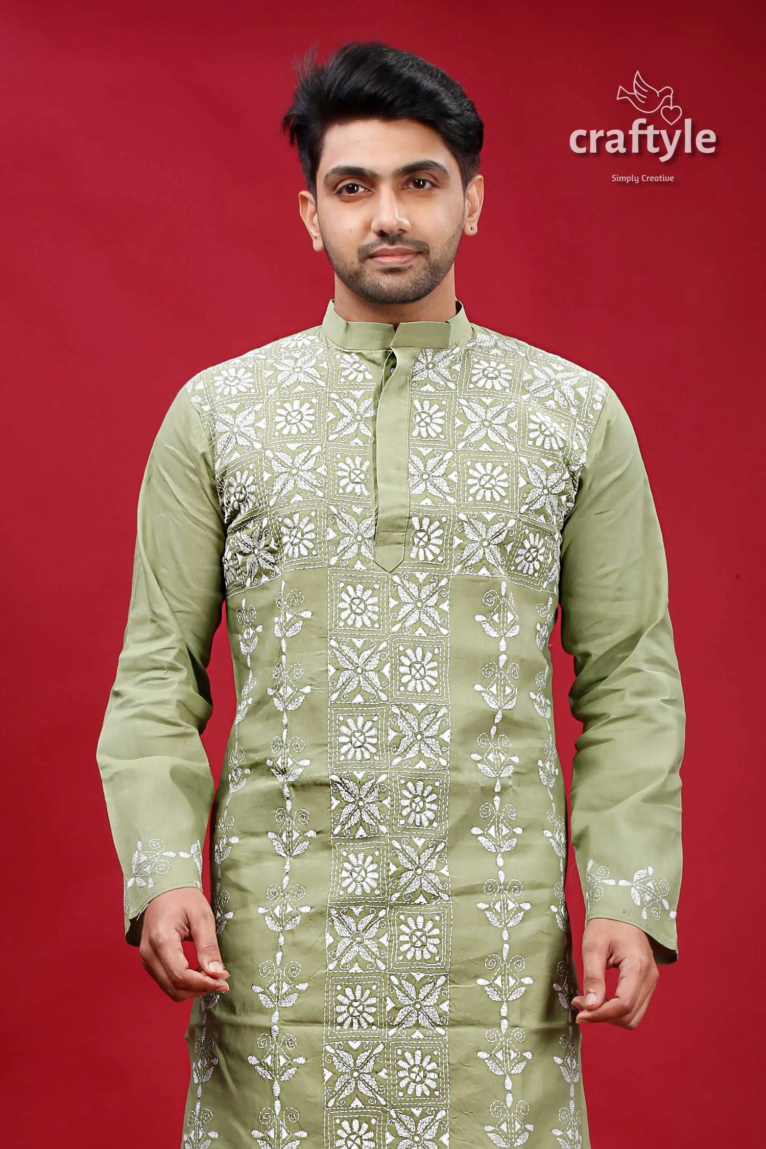 Swamp green white thread hand embroidered kantha men’s kurta green embroidered kurta 2