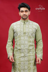 Swamp green white thread hand embroidered kantha men’s kurta green embroidered kurta 2
