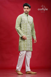 Swamp green white thread hand embroidered kantha men’s kurta embroidered green kurta pajama set 4