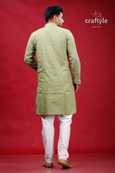 Swamp green white thread hand embroidered kantha men’s kurta man green kurta white pants 5