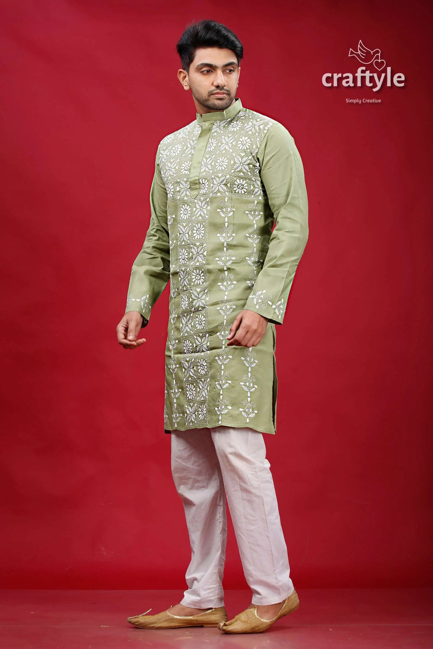 Swamp green white thread hand embroidered kantha men’s kurta embroidered green kurta pajama set 3